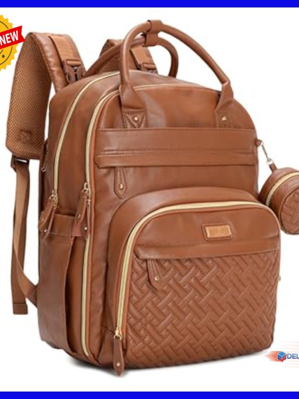 Large Vegan Leather Diaper Backpack with Changing Pad, Water Resistant, 26L